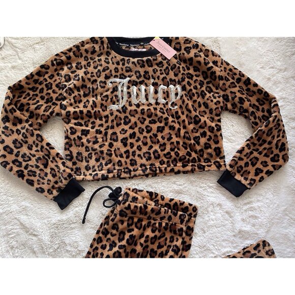 Juicy Couture Pajama Pj Set Leopard Print Sequin Logo Crop Top Pants XL NEW - Picture 2 of 13